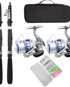 Fishing Pole Combo Set,2.1m/6.89ft 2PCS Collapsible Rods 2PCS Spinning Reels Lures Set Carrier Bag Carbon Fiber Telescopic Fishing Rods Sea Saltwater Freshwater Kit Fishing Rod Reel Combos