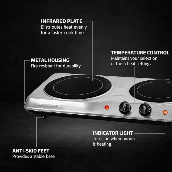 OVENTE Countertop Infrared Double Burner, 1700W Electric Hot Plate and Portable Stove with 7.75" and 6.75" Ceramic Glass Cooktop, 5 Level Temperature Setting and Easy to Clean Base, Silver BGI102S - Image 2