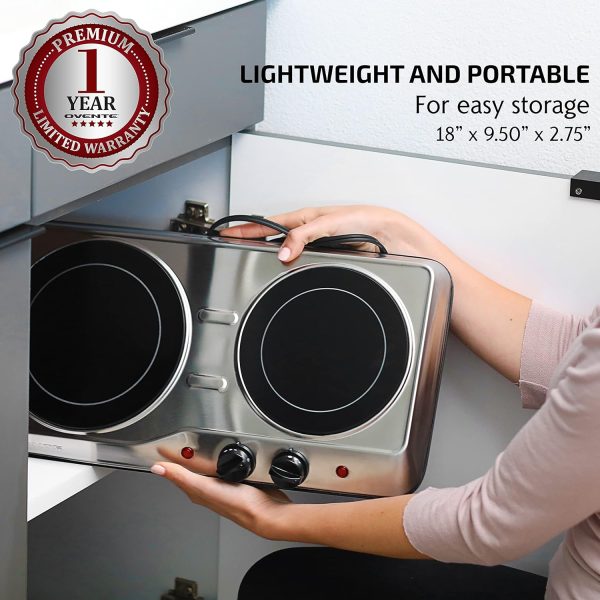 OVENTE Countertop Infrared Double Burner, 1700W Electric Hot Plate and Portable Stove with 7.75" and 6.75" Ceramic Glass Cooktop, 5 Level Temperature Setting and Easy to Clean Base, Silver BGI102S - Image 3