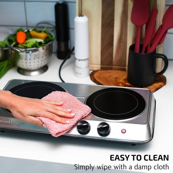 OVENTE Countertop Infrared Double Burner, 1700W Electric Hot Plate and Portable Stove with 7.75" and 6.75" Ceramic Glass Cooktop, 5 Level Temperature Setting and Easy to Clean Base, Silver BGI102S - Image 4