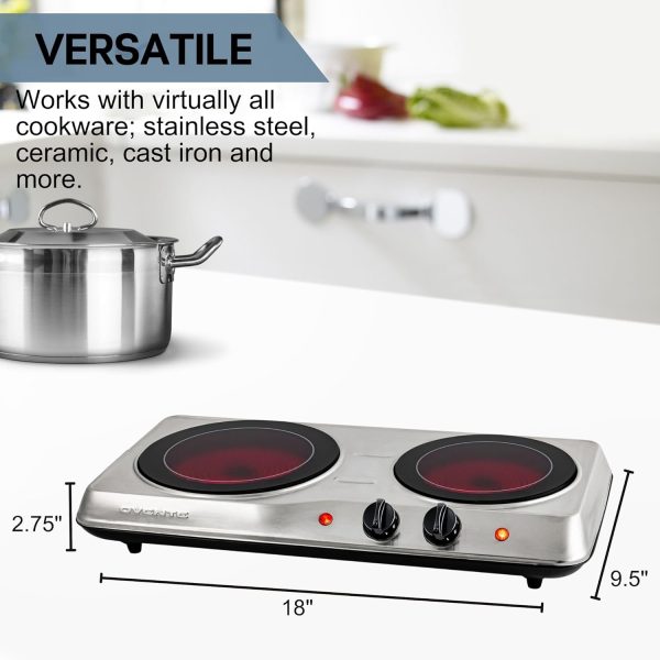 OVENTE Countertop Infrared Double Burner, 1700W Electric Hot Plate and Portable Stove with 7.75" and 6.75" Ceramic Glass Cooktop, 5 Level Temperature Setting and Easy to Clean Base, Silver BGI102S - Image 5