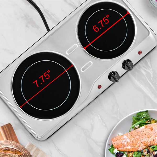 OVENTE Countertop Infrared Double Burner, 1700W Electric Hot Plate and Portable Stove with 7.75" and 6.75" Ceramic Glass Cooktop, 5 Level Temperature Setting and Easy to Clean Base, Silver BGI102S - Image 6